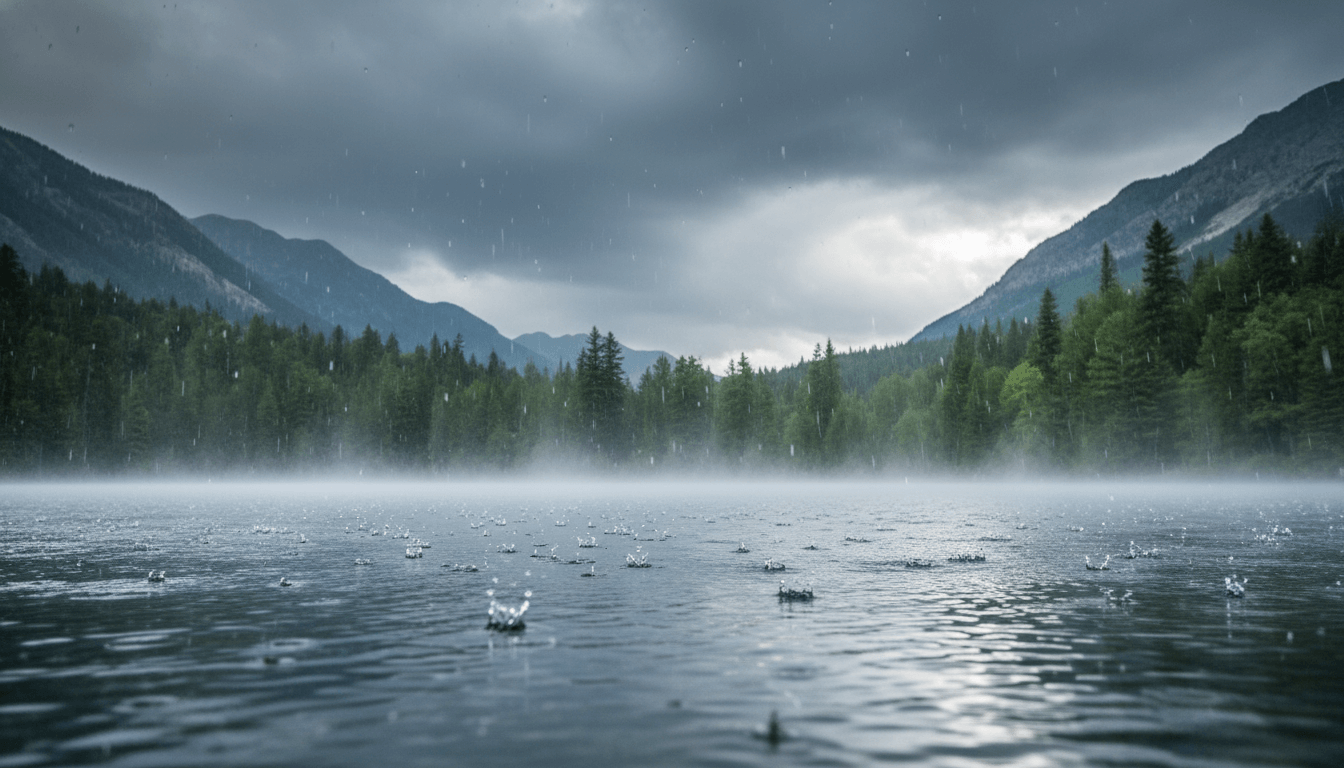 Rain falling on a lake surrounded by pine trees and mountains under a cloudy sky