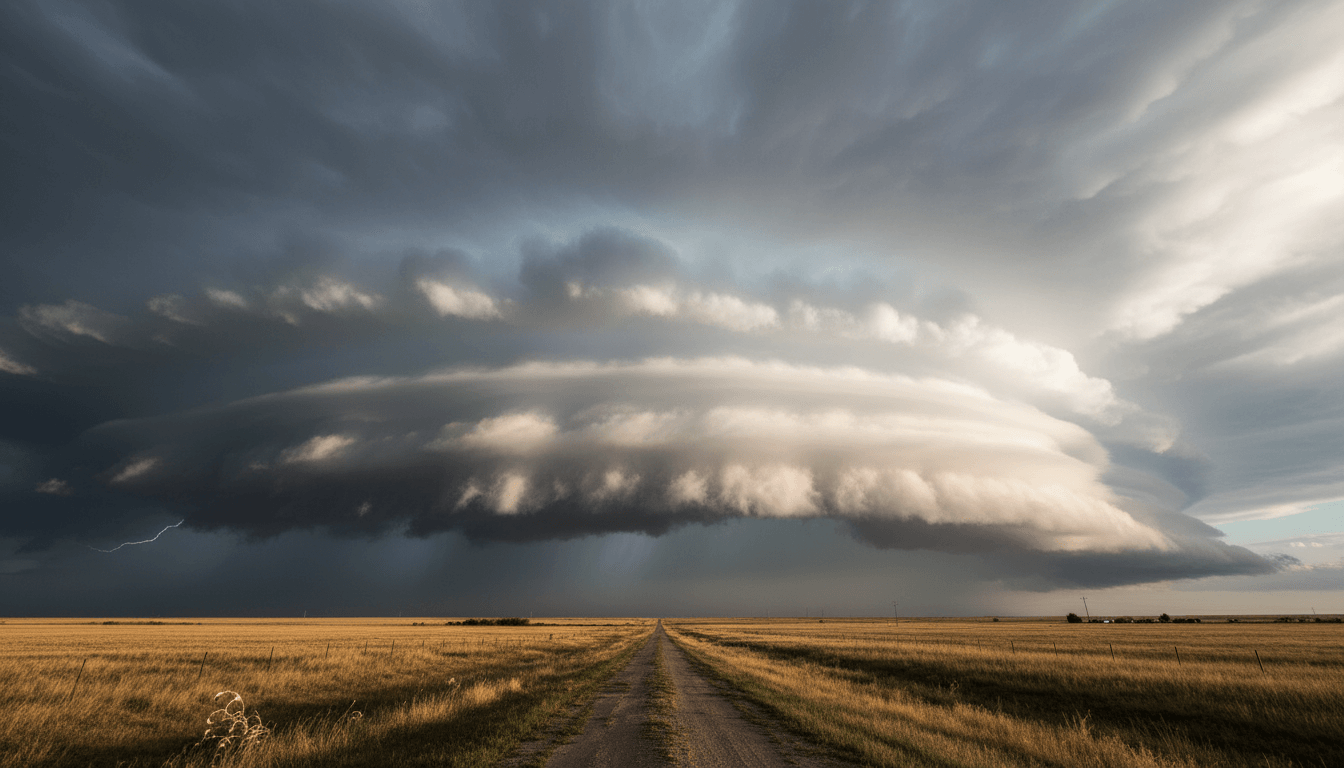Supercell thunderstorm with layered clouds over a rural dirt road and golden fields at sunset