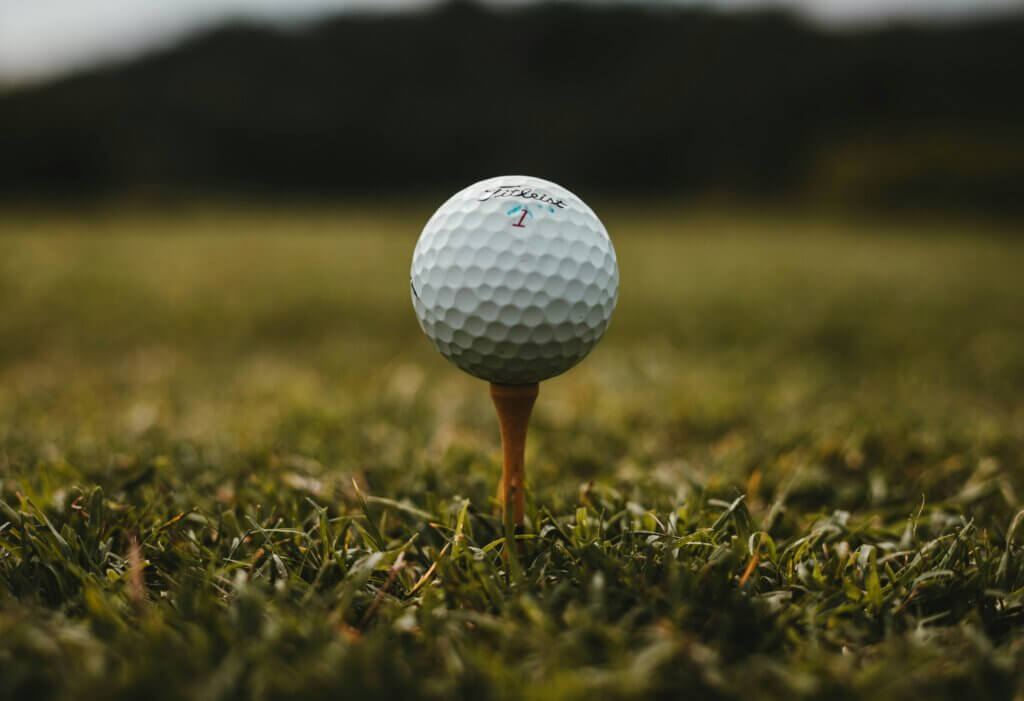 Titleist golf ball on a wooden tee in grass with blurred background