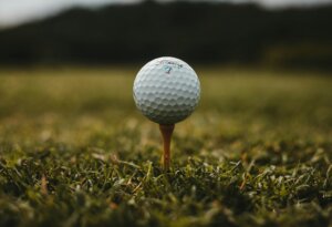 Titleist golf ball on a wooden tee in grass with blurred background