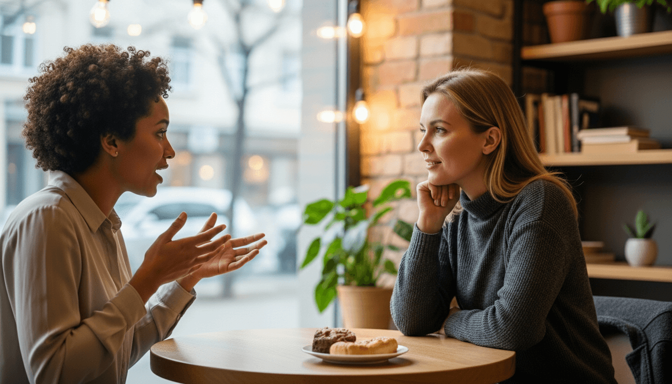 Two women having a conversation at a cafe table with pastries and a plant in the background