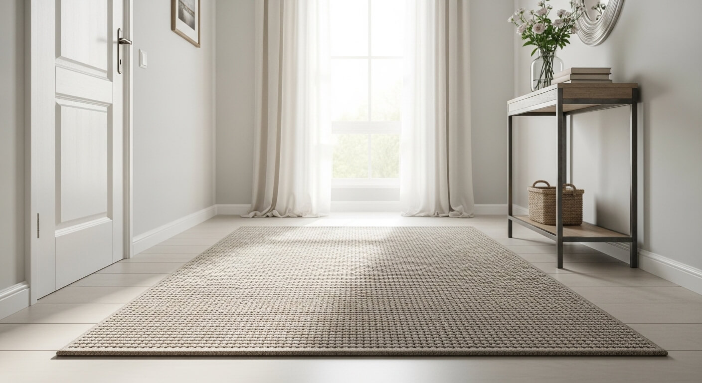 Light beige textured rug on wooden floor in bright minimalist hallway with console table and window curtains