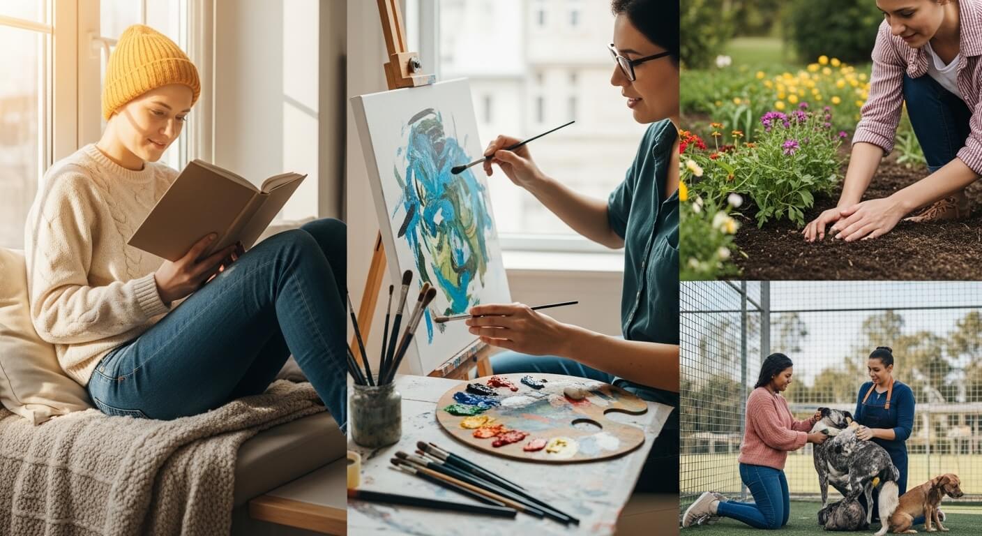 Woman reading a book by a window, woman painting an abstract artwork, woman planting flowers, and two women playing with dogs outdoors