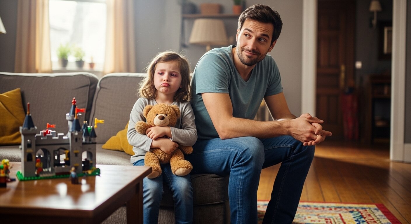 Sad little girl hugging teddy bear sitting next to a man on a couch in a living room with a toy castle on the table.
