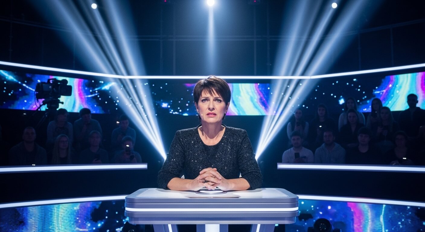 Woman in black sequin dress sitting at a game show podium with audience and colorful lights behind her.
