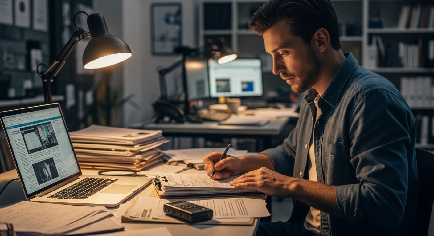 Man in denim shirt working on paperwork at desk with laptop and desk lamp in dim office.