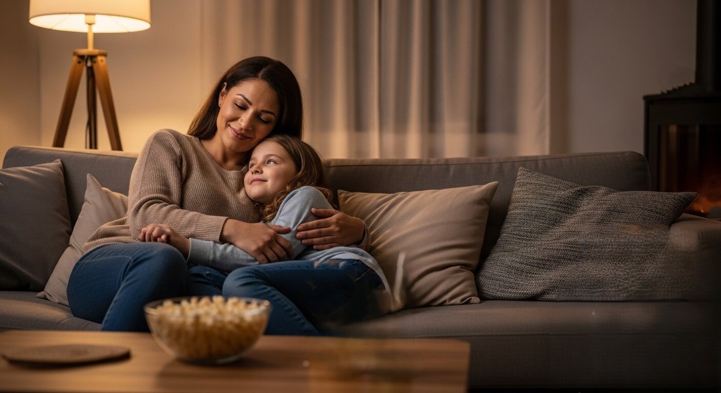 Mother and daughter hugging on a couch in a cozy living room with a bowl of popcorn on the table.