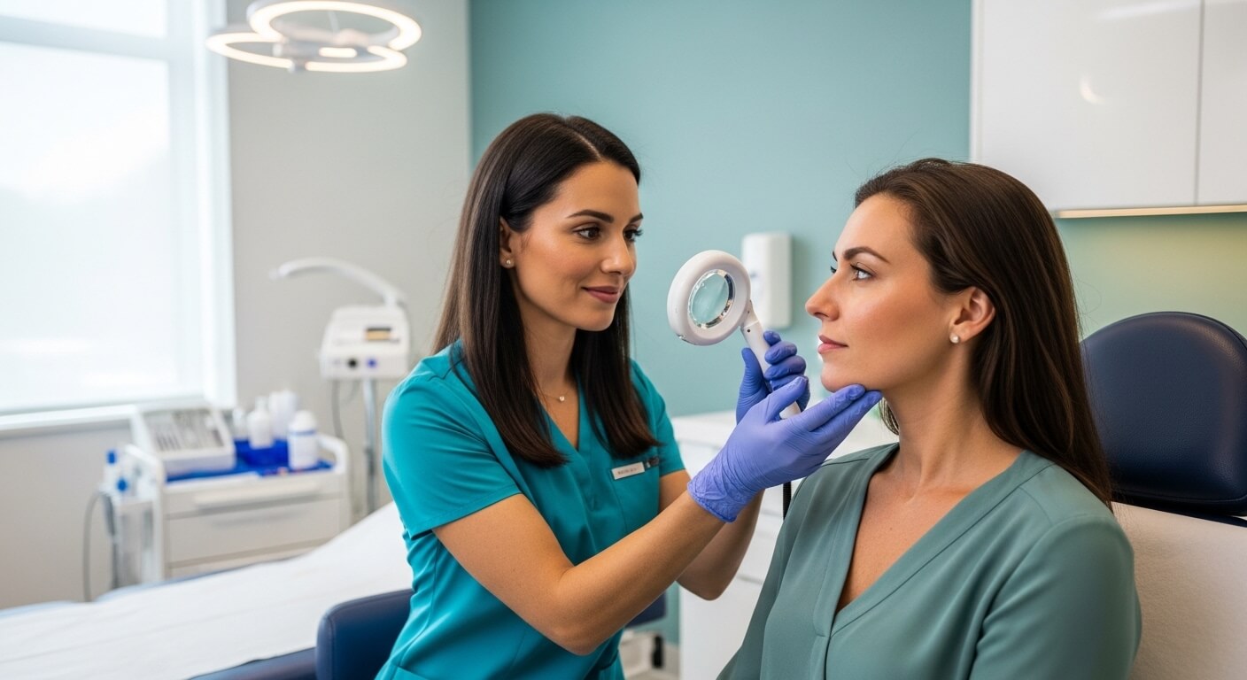 Dermatologist examining patient's facial skin with a magnifying glass in a medical office.