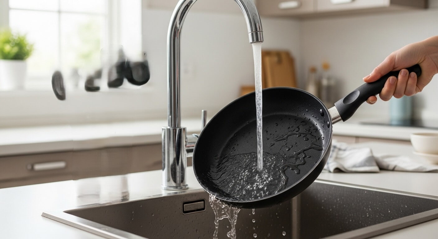 Hand holding a black frying pan under running kitchen faucet water over a sink.
