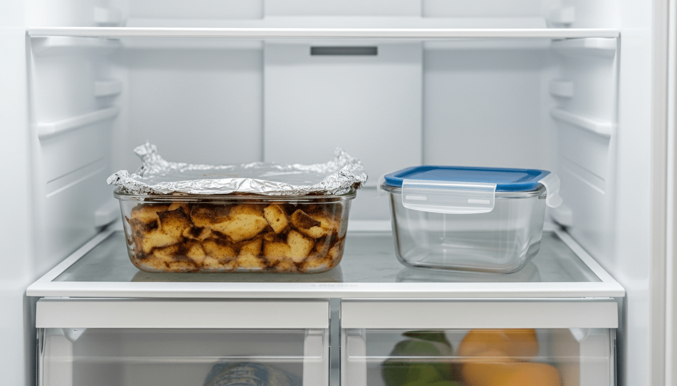 Glass container with baked food covered in foil and empty glass container with blue lid inside a refrigerator shelf