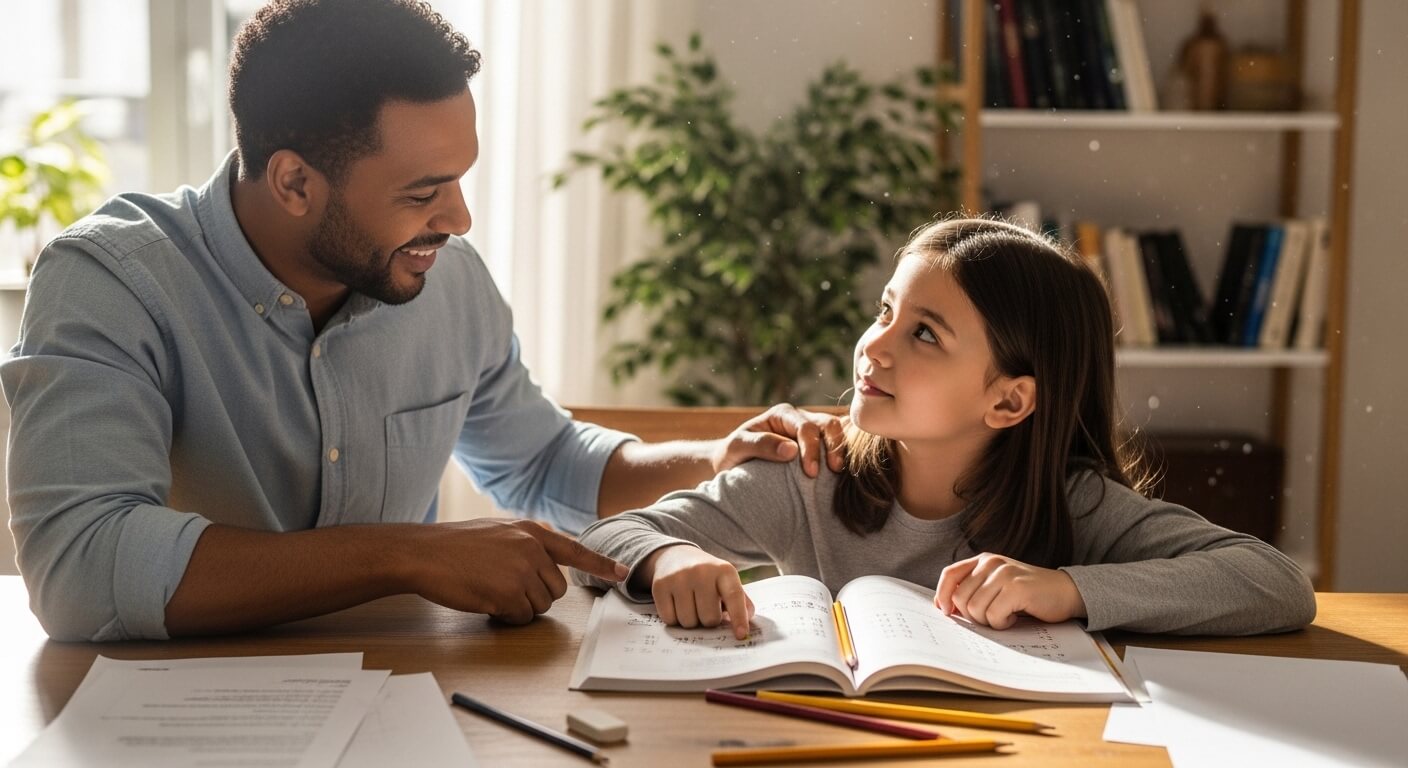 Man helping girl with homework at a table with open workbook and pencils in a bright room