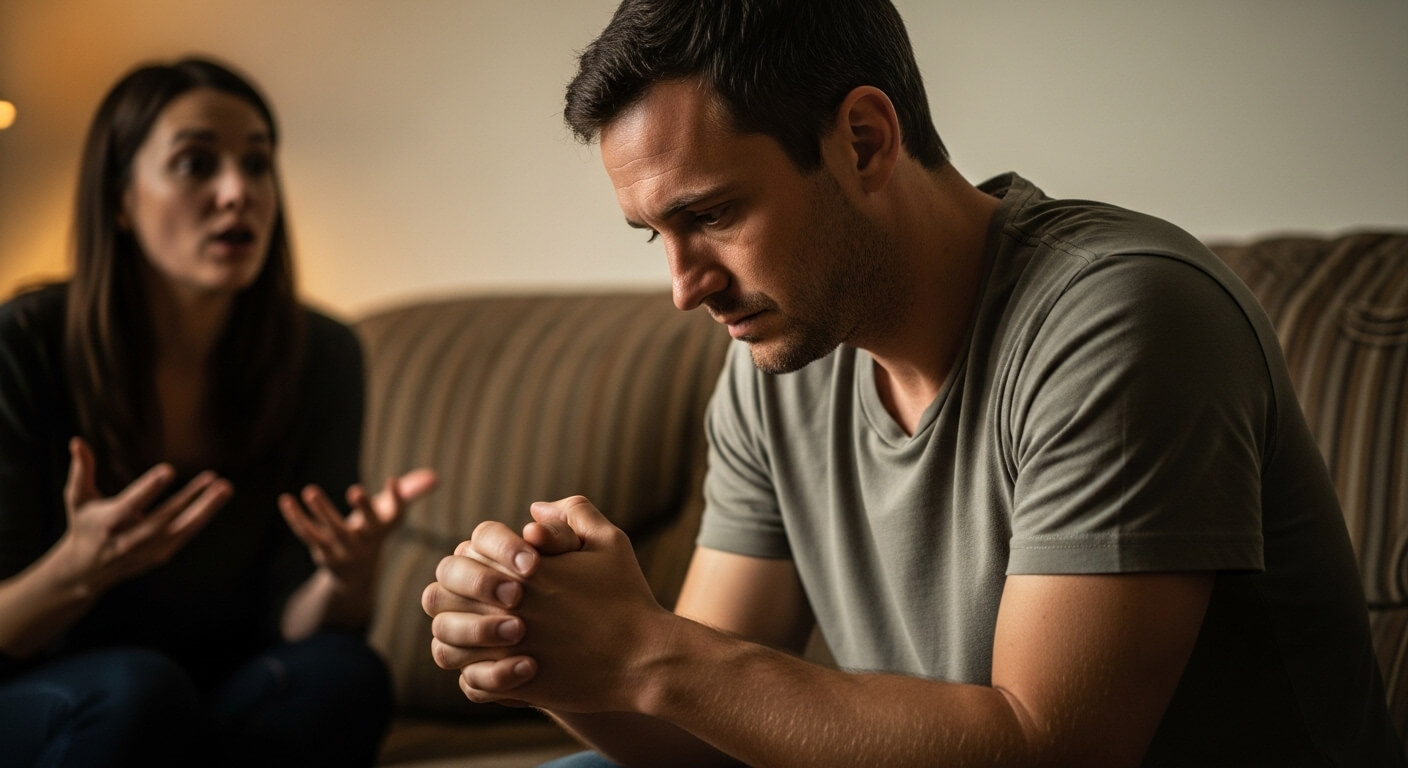 Man in gray shirt sitting with clasped hands looking down while woman talks to him on couch