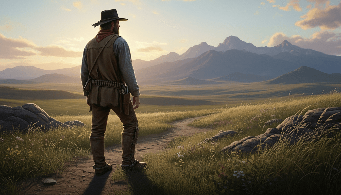Cowboy standing on a dirt path overlooking a vast grassy plain with mountains at sunset