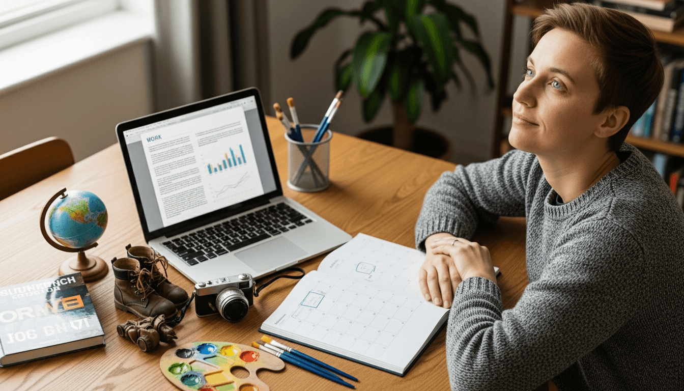 Person in gray sweater sitting at a desk with a laptop, calendar, paintbrushes, globe, and camera, looking thoughtful.