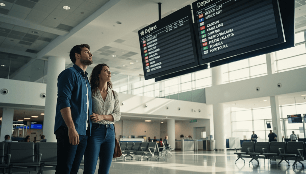 Couple standing in airport terminal looking at departure flight information screens.