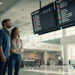 Couple standing in airport terminal looking at departure flight information screens.