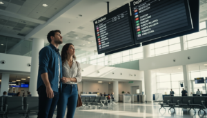 Couple standing in airport terminal looking at departure flight information screens.