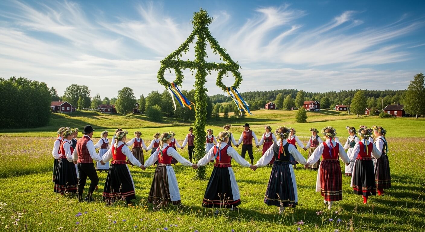 People in traditional Swedish folk costumes dancing around a decorated midsummer pole in a sunny meadow.