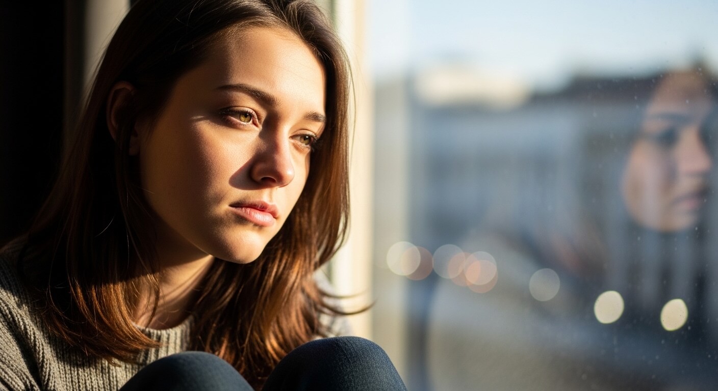 Young woman with brown hair and green eyes gazing thoughtfully out a window with her reflection visible in the glass.