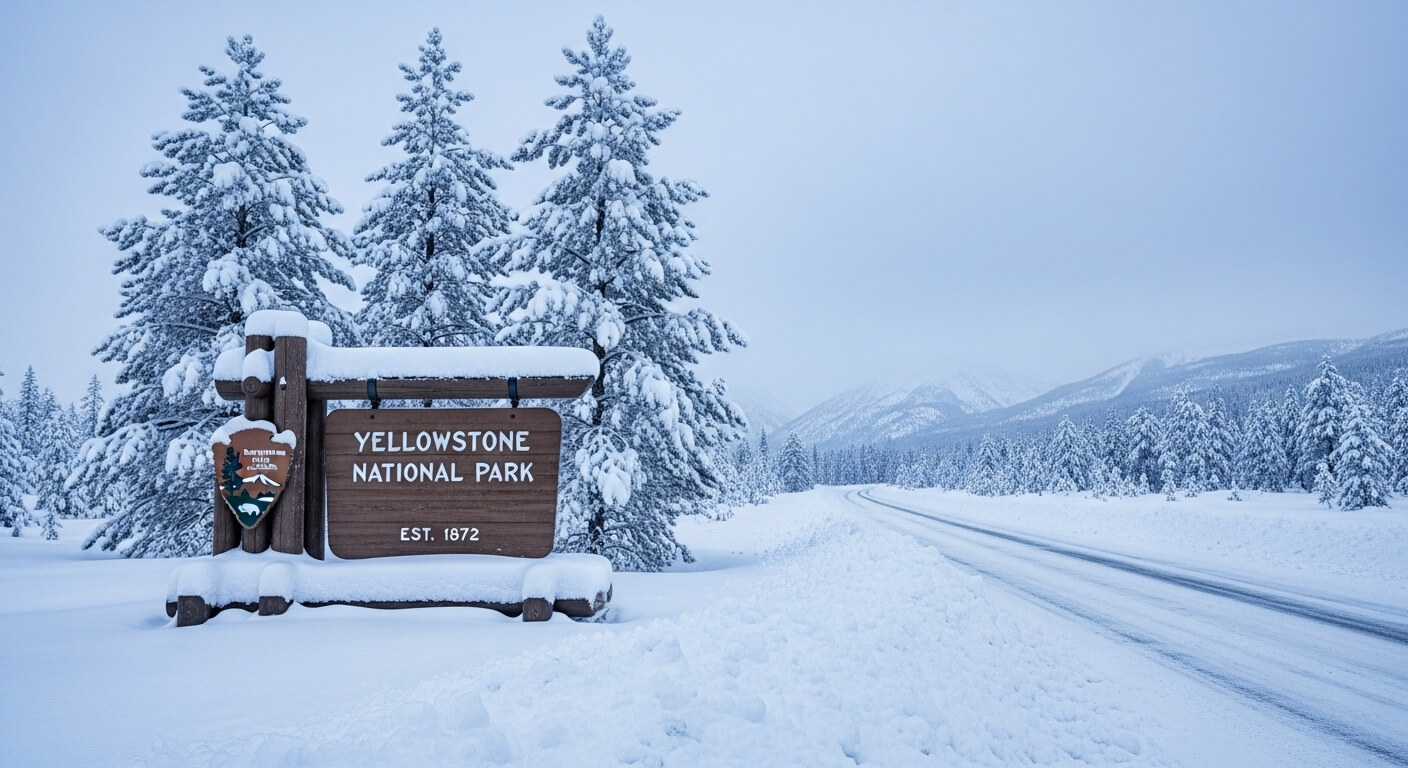 Yellowstone National Park entrance sign covered in snow with snow-covered trees and a snowy road in winter.