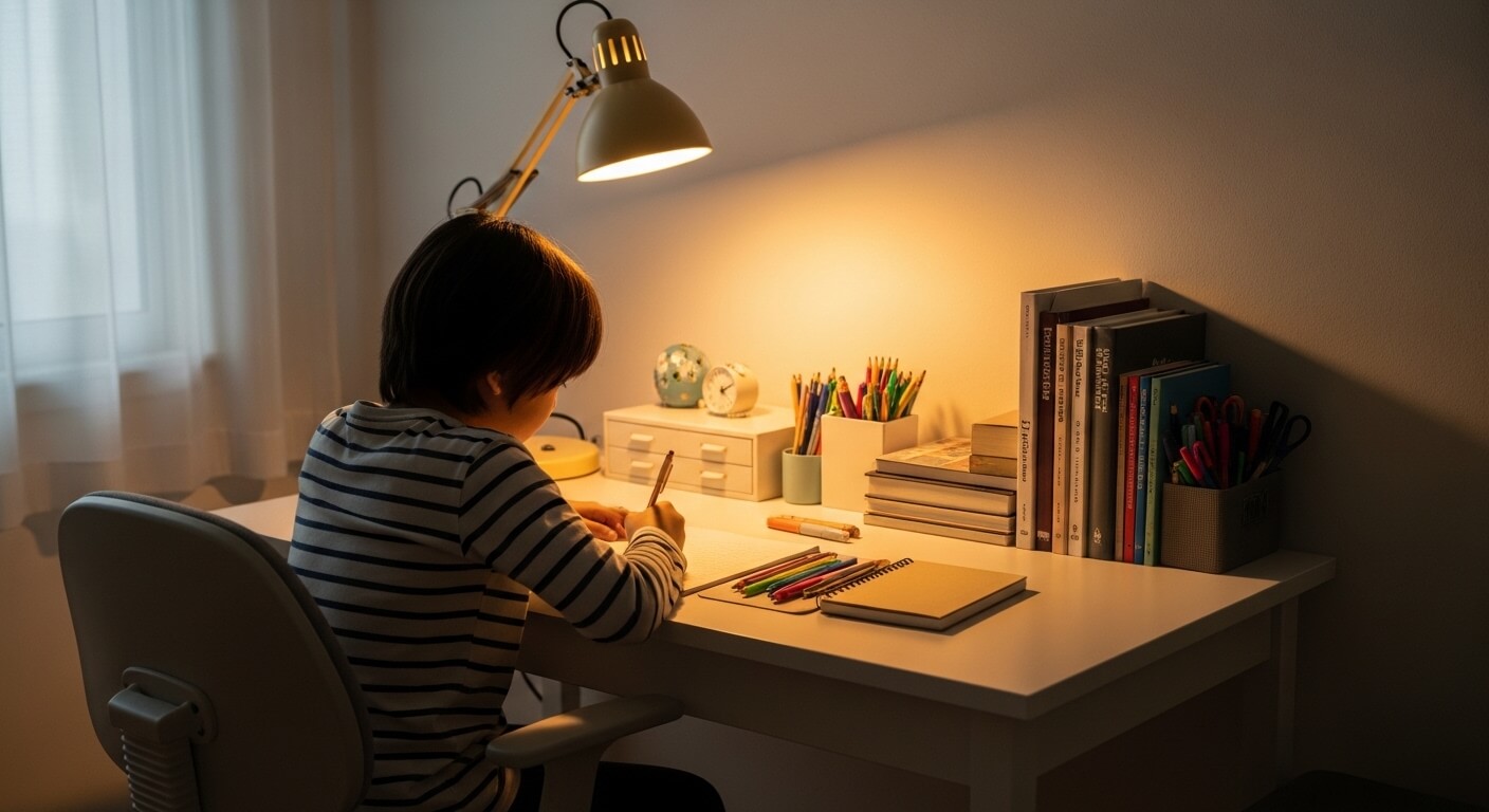 Child in striped shirt writing at a desk illuminated by a lamp with books and colored pencils nearby