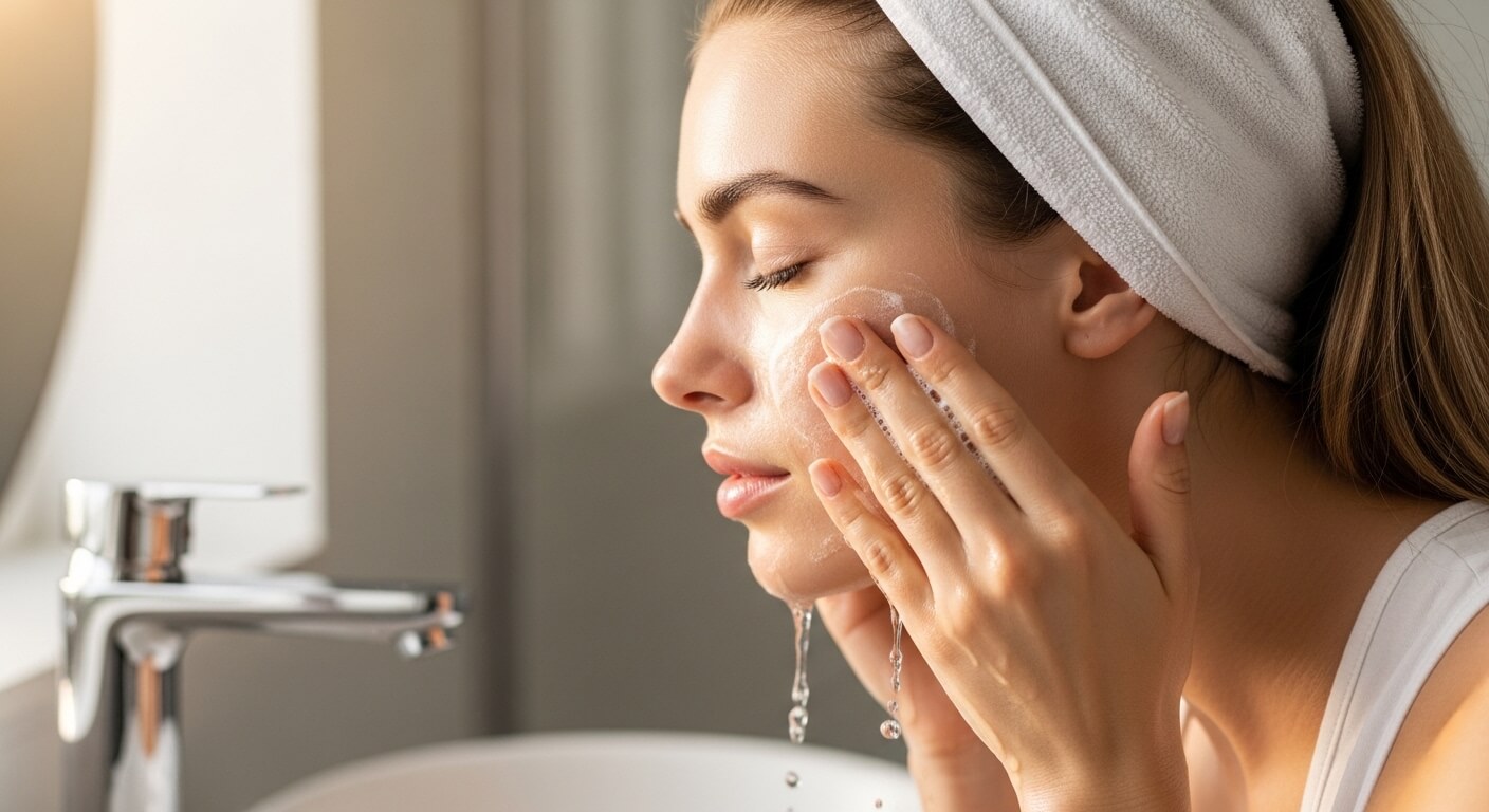 Woman with a white headband washing her face with water and foam over a bathroom sink