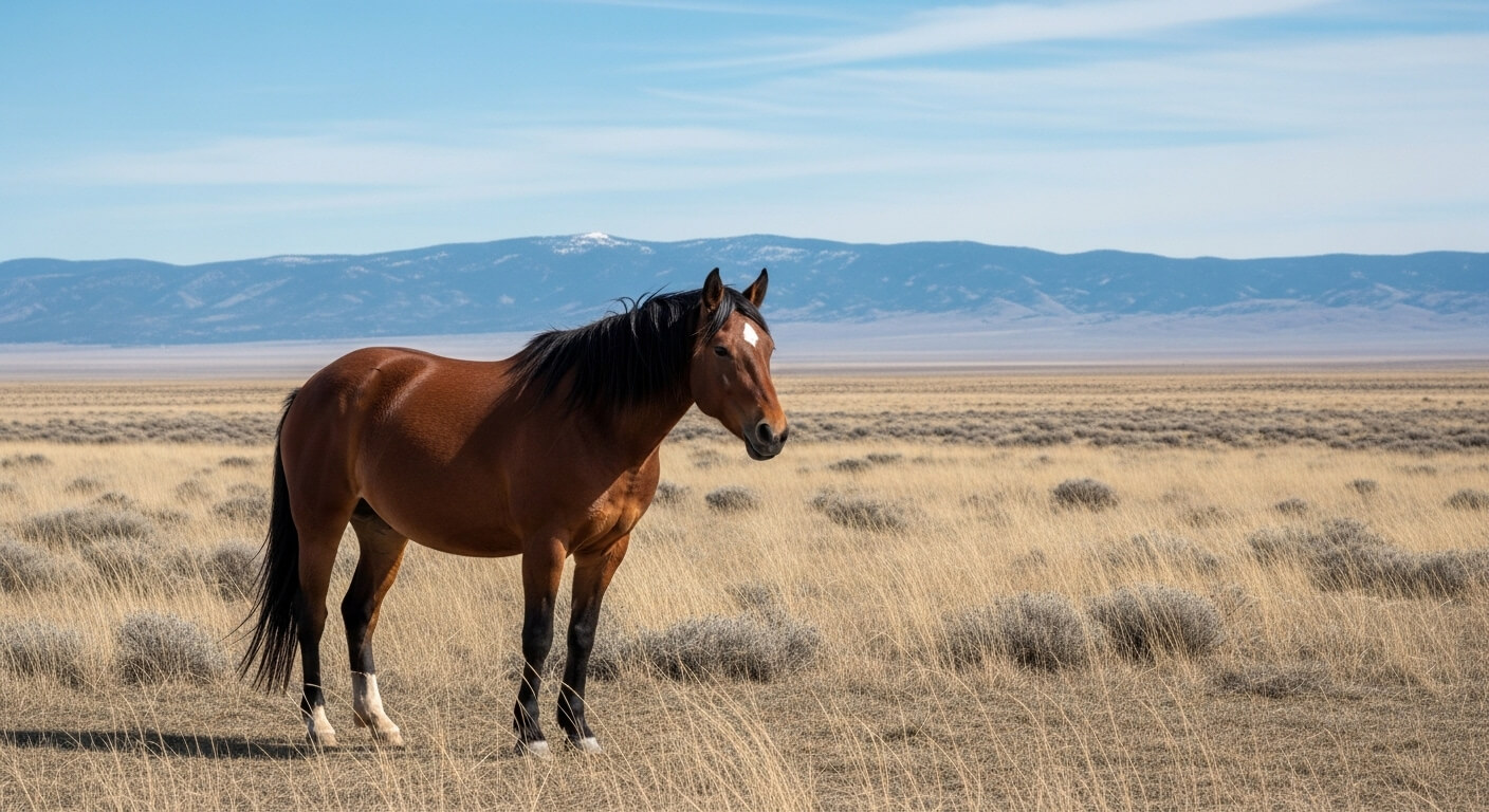 Brown horse standing in a dry grassland with mountains in the background under a blue sky
