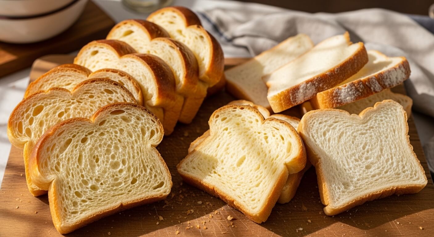 Sliced white bread with soft texture arranged on a wooden cutting board in natural light.
