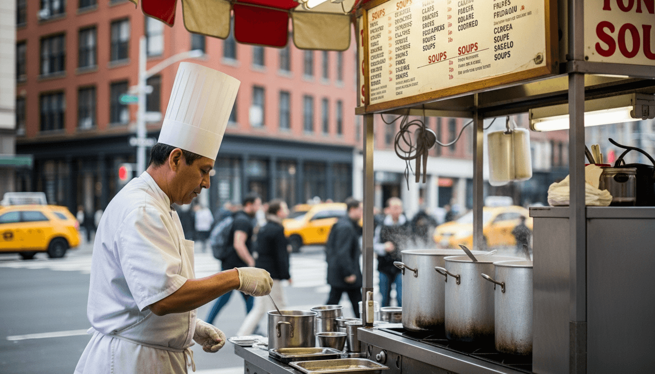 Chef in white uniform serving soup at a street food cart with large pots and a menu board in an urban setting