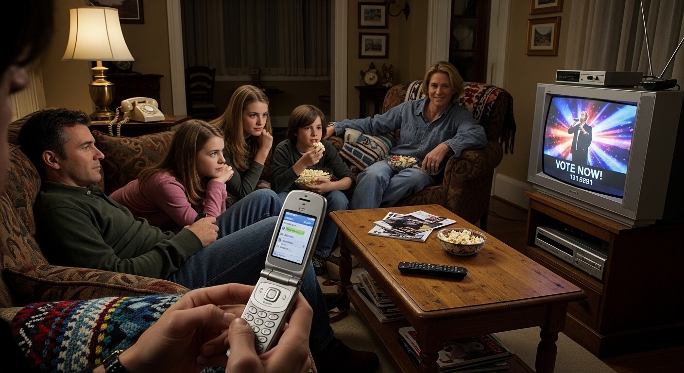 Family watching TV talent show while someone holds a flip phone with voting screen in a cozy living room