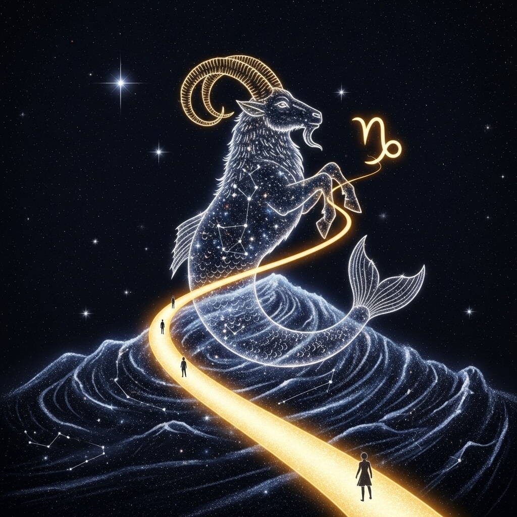 Konstelasi zodiak Capricorn bersinar dengan jalur emas dan sosok siluet kecil berjalan di atasnya melawan langit berbintang.