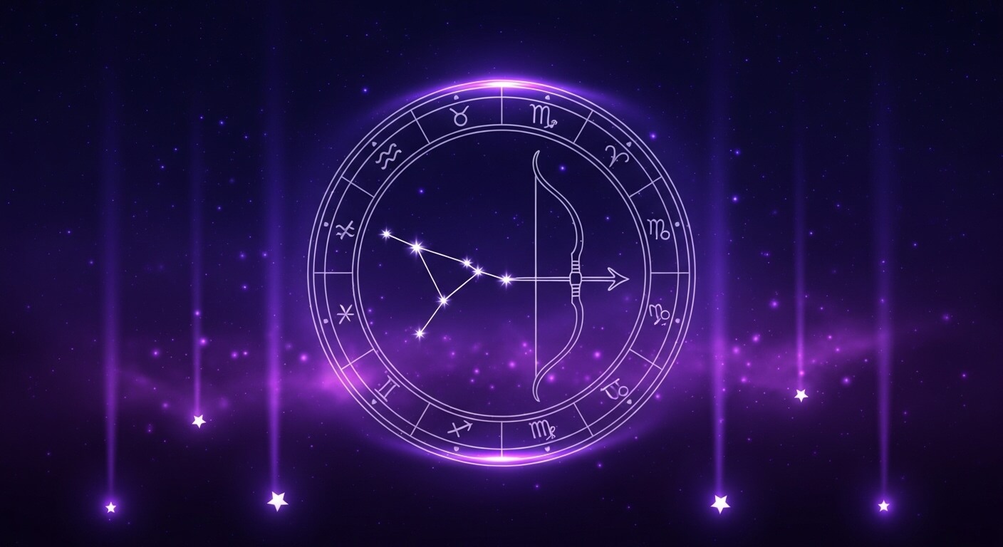 Sagittarius zodiac sign with constellation and astrological symbols on a glowing purple starry background.