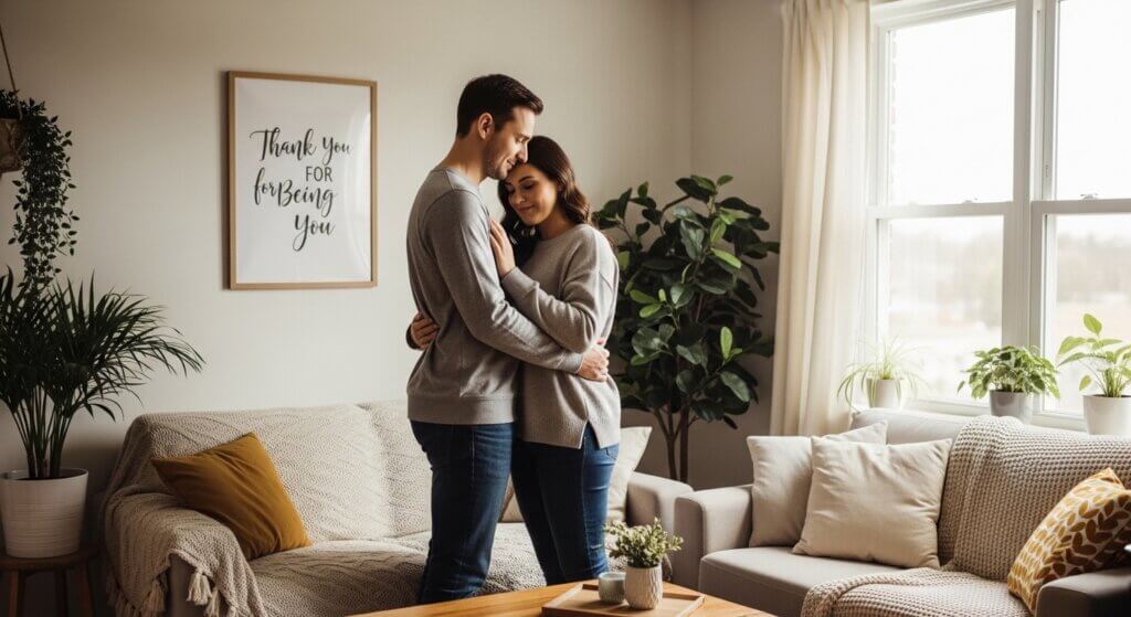 Couple in gray sweaters hugging in a cozy living room with plants and a "Thank You for Being You" wall art.