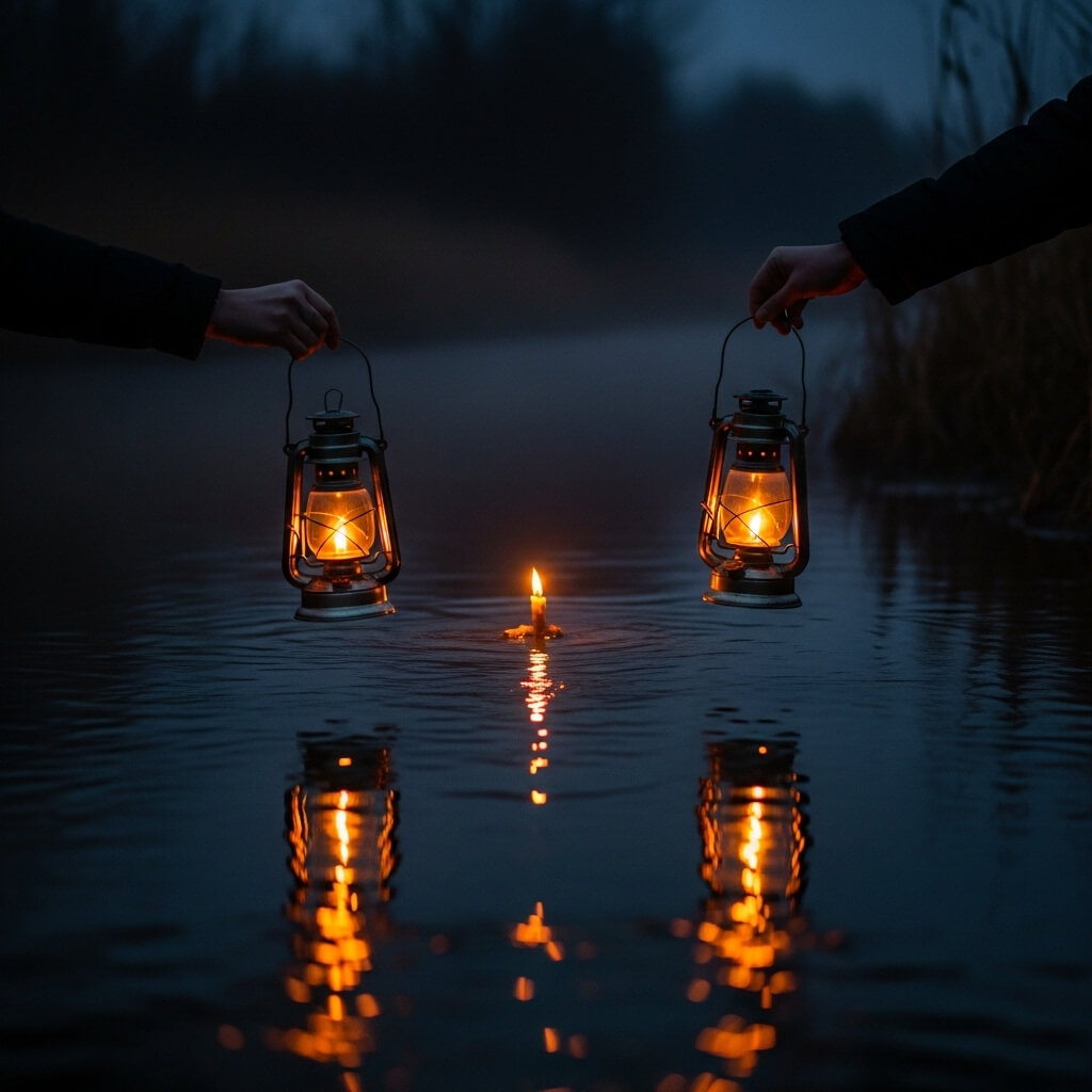 Dua tangan memegang lentera menyala di atas air dengan lilin mengambang di senja hari
