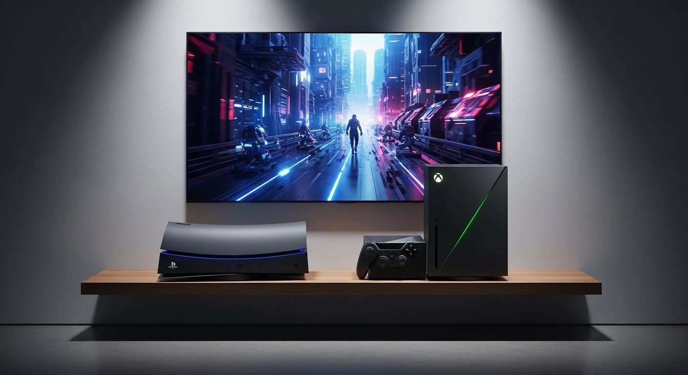 PlayStation 5 and Xbox Series X consoles displayed on a wooden shelf under a wall-mounted screen showing a futuristic cityscape game.