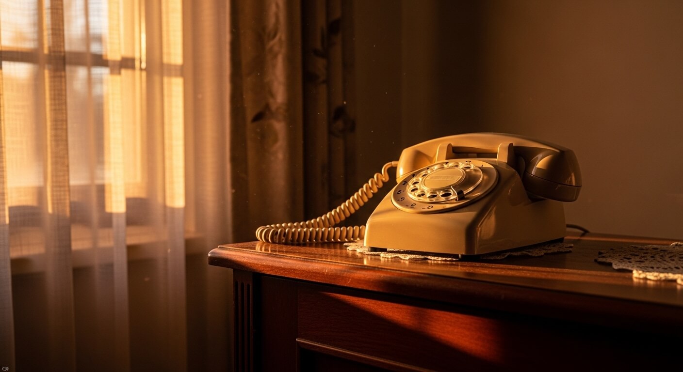 Beige rotary dial telephone on a wooden table illuminated by warm sunlight through sheer curtains.