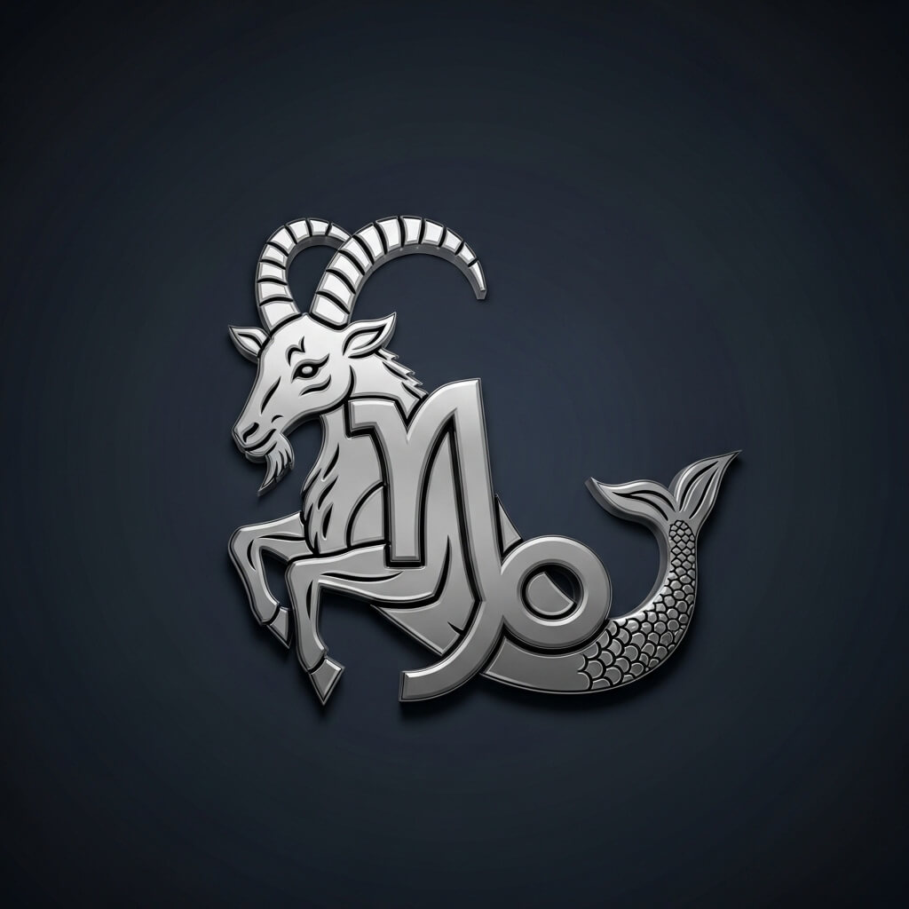 Metallic Capricorn zodiac symbol combining a goat and fish tail on dark background
