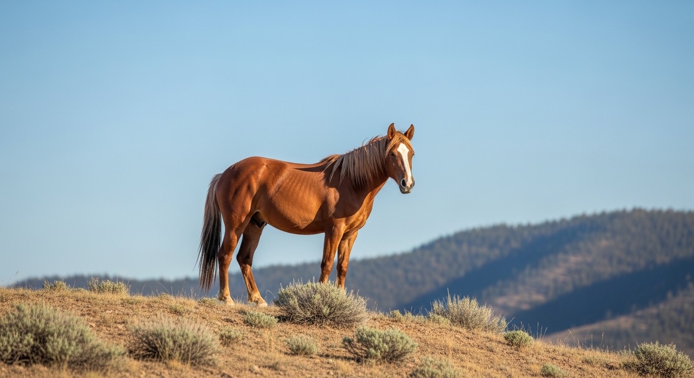 Brown horse with white facial markings standing on a grassy hill with mountains in the background