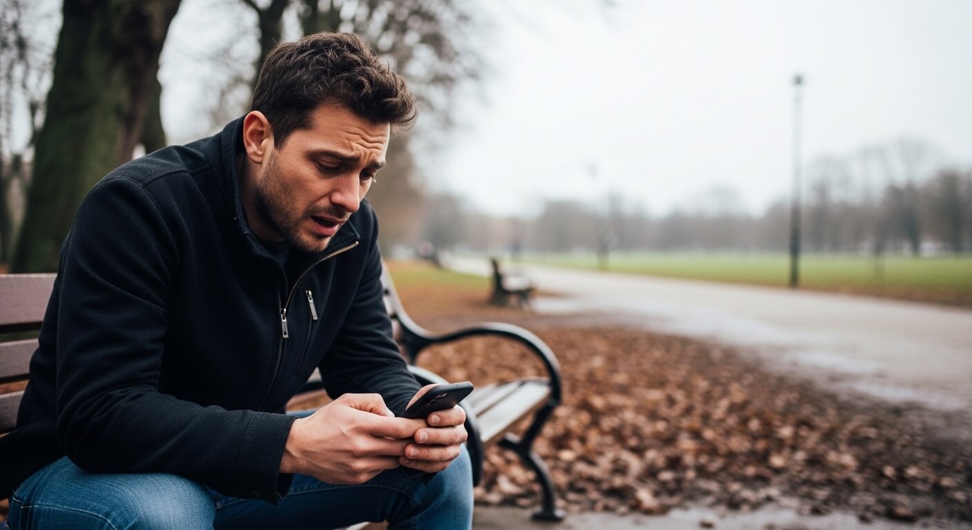 Man in black jacket sitting on park bench looking worried at smartphone on a cloudy autumn day