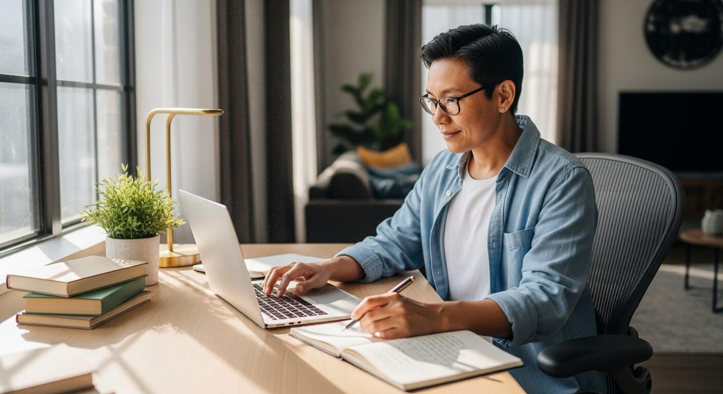 Person wearing glasses and a denim shirt working on a laptop and writing in a notebook at a desk by a window