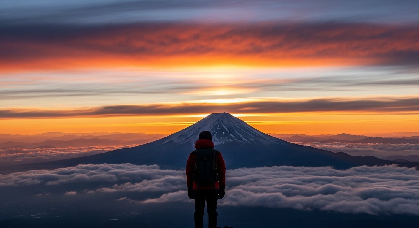 Person in red jacket and backpack standing above clouds facing Mount Fuji at sunrise.