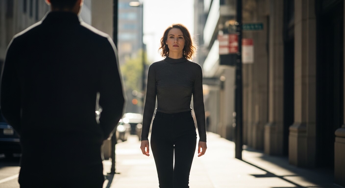 Woman in black patterned top and pants walking on a city street with a man in silhouette in the foreground