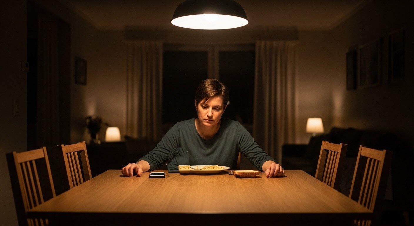 Woman sitting alone at a dining table with a plate of food and a slice of bread under a hanging light at night