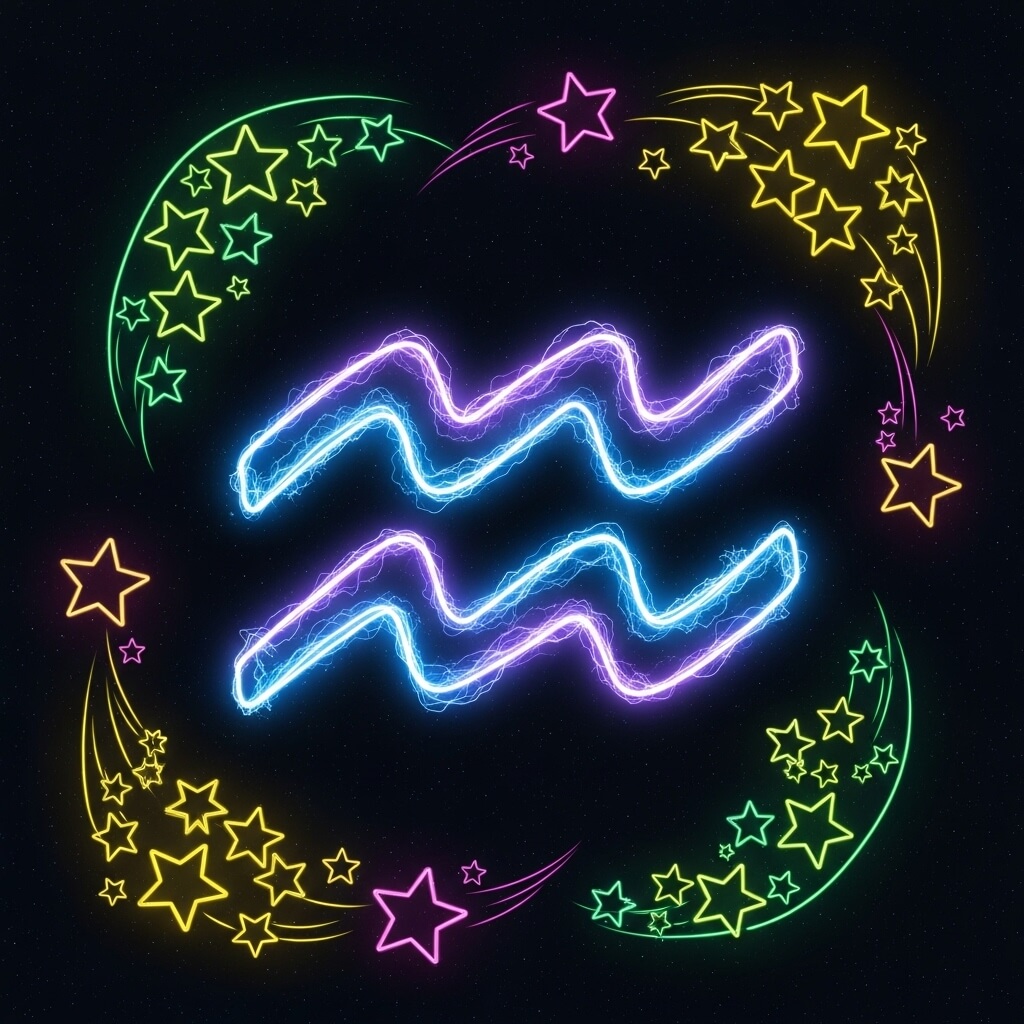 Simbol zodiak Aquarius bersinar neon dikelilingi oleh bintang jatuh berwarna-warni dengan latar belakang gelap.