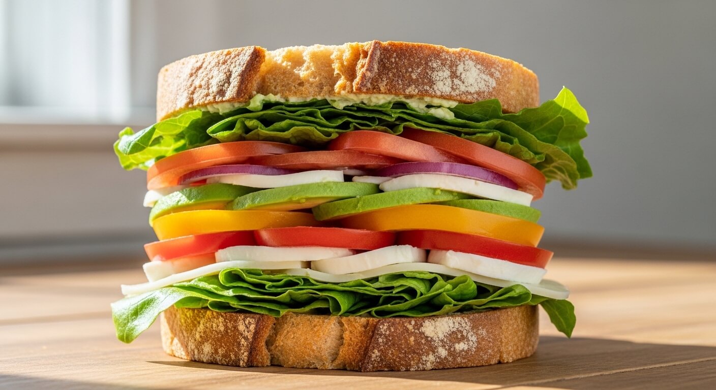 Sandwich with lettuce, tomato, red onion, avocado, yellow bell pepper, and white cheese on rustic bread