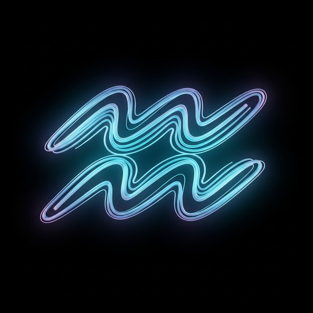 Glowing neon blue and purple Aquarius zodiac symbol on black background