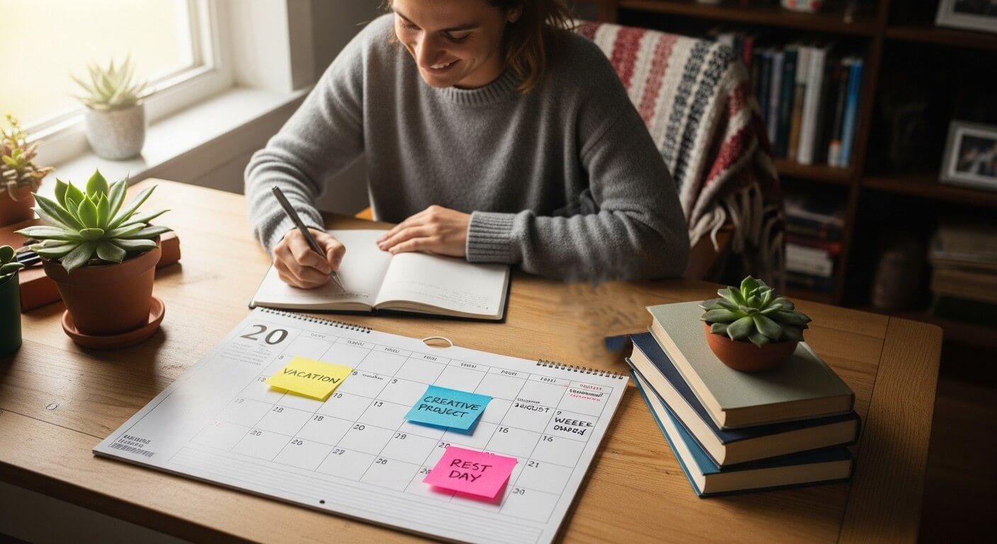 Person in gray sweater writing in a notebook at a desk with a calendar marked "Vacation," "Creative Project," and "Rest Day"