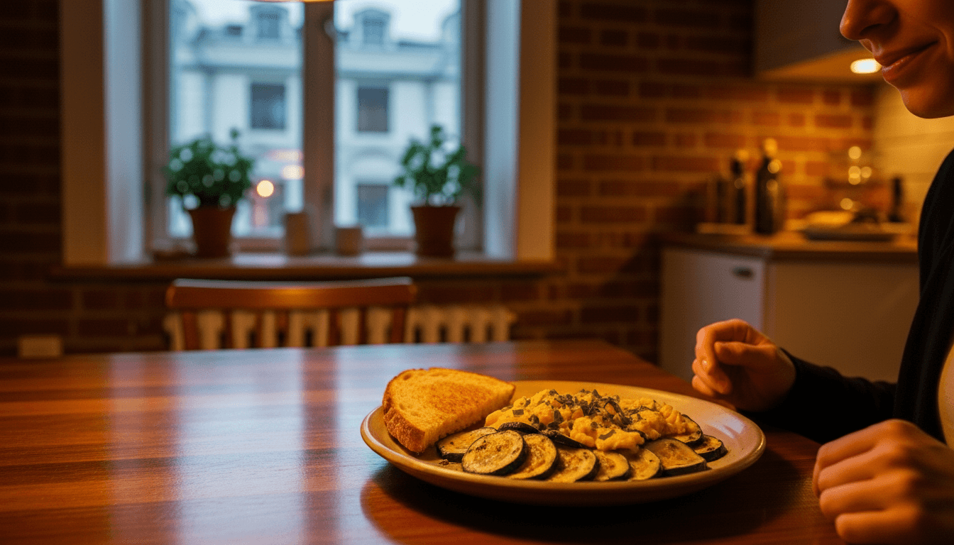 Plate with scrambled eggs, grilled zucchini, and toast on a wooden table in a kitchen with a person sitting nearby