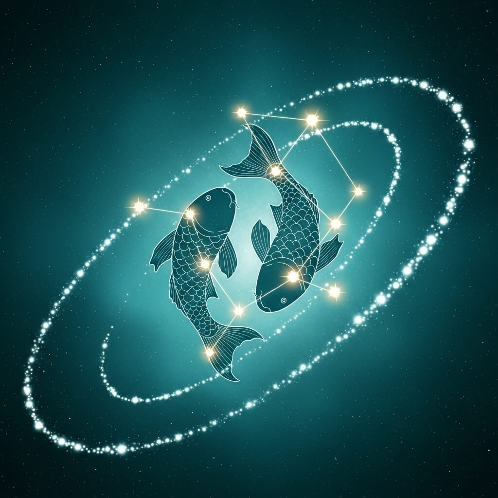 Konstelasi zodiak Pisces digambarkan sebagai dua ikan bercahaya yang dikelilingi pusaran kosmik berkilau dengan latar belakang biru kehijauan.
