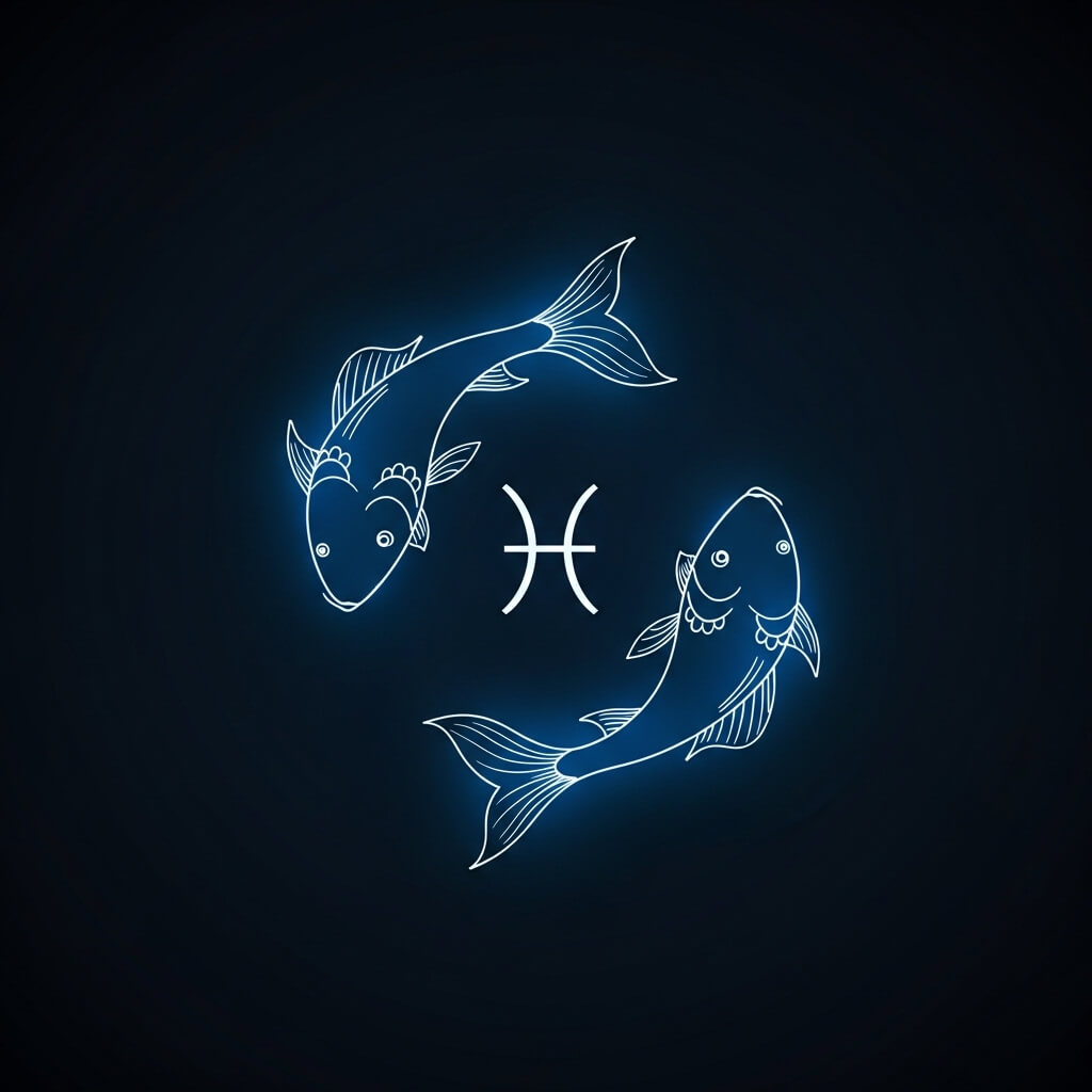 Glowing Pisces zodiac symbol with two stylized fish swimming in a dark blue background